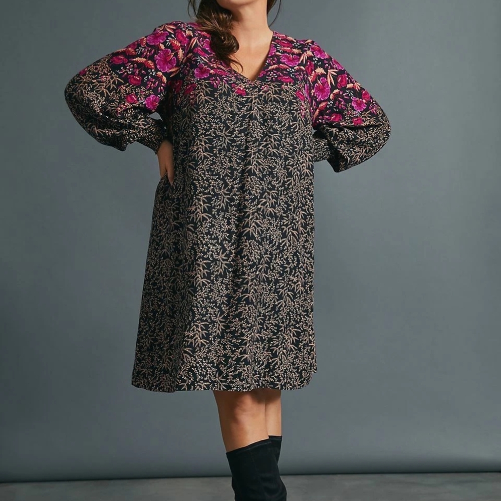 Anthropologie Black and Pink Floral Long Sleeve Tunic Dress Sz 8
